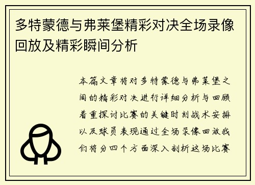 多特蒙德与弗莱堡精彩对决全场录像回放及精彩瞬间分析